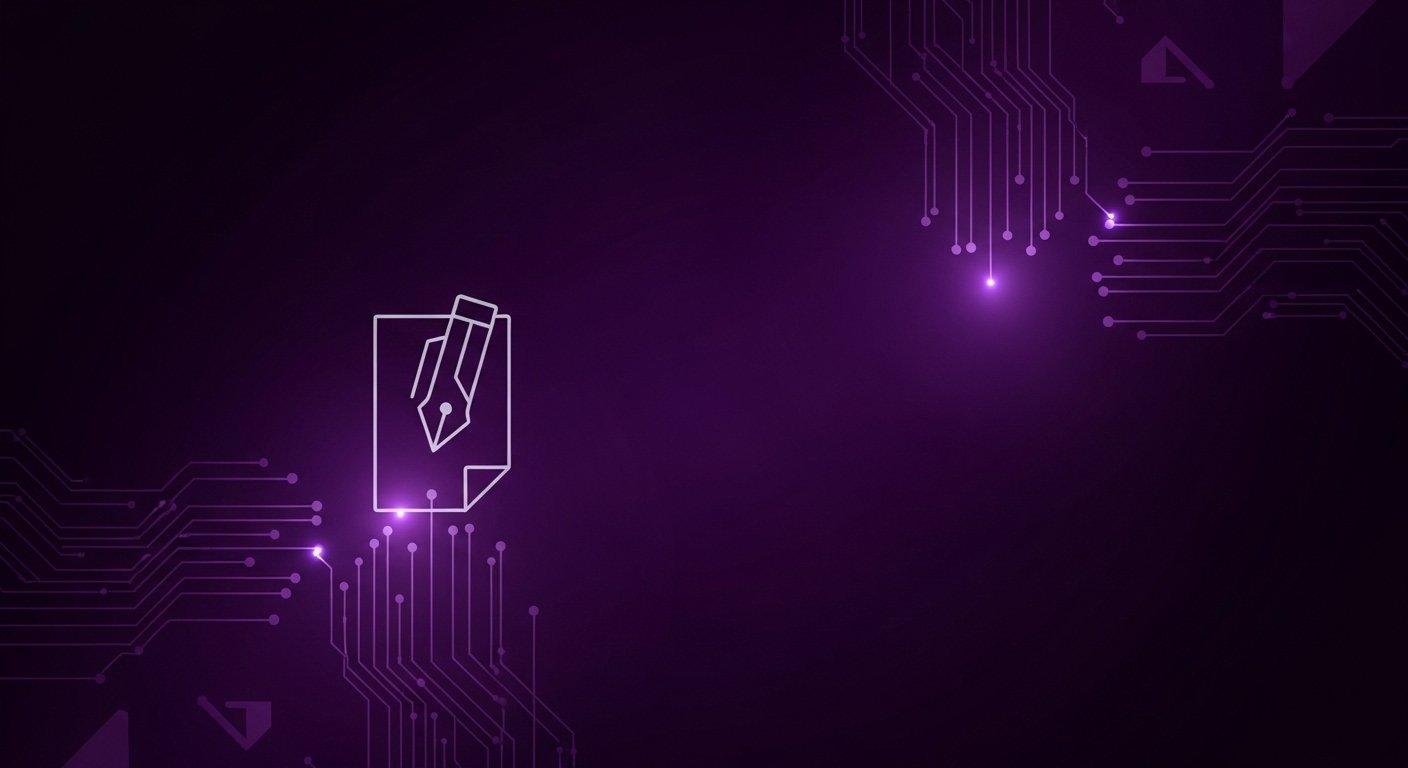 Purple digital art background with a stylized document and pen icon and circuit patterns.