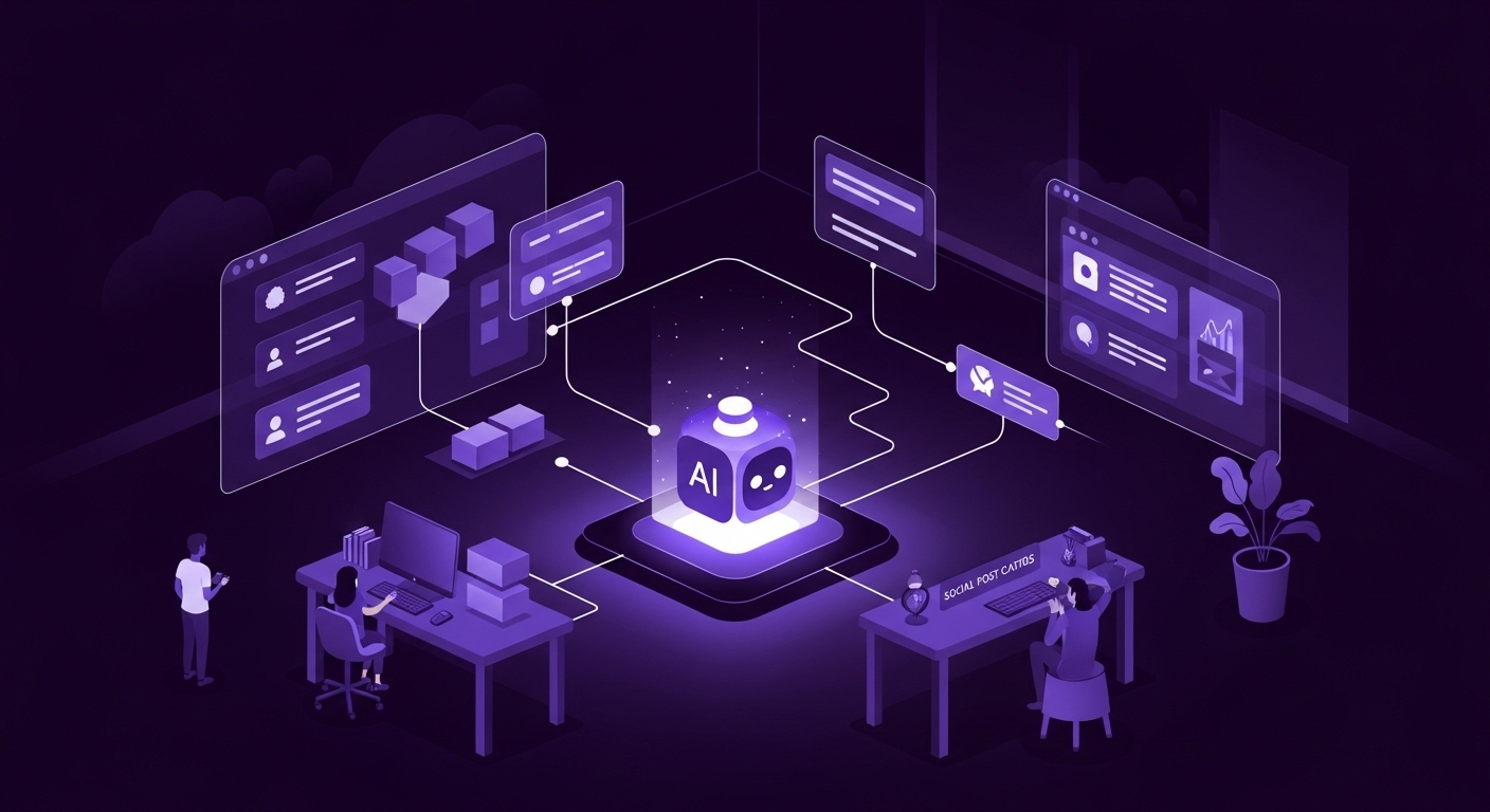 AI technology concept with two people working on computers and AI cube at the center, connected to digital interfaces.