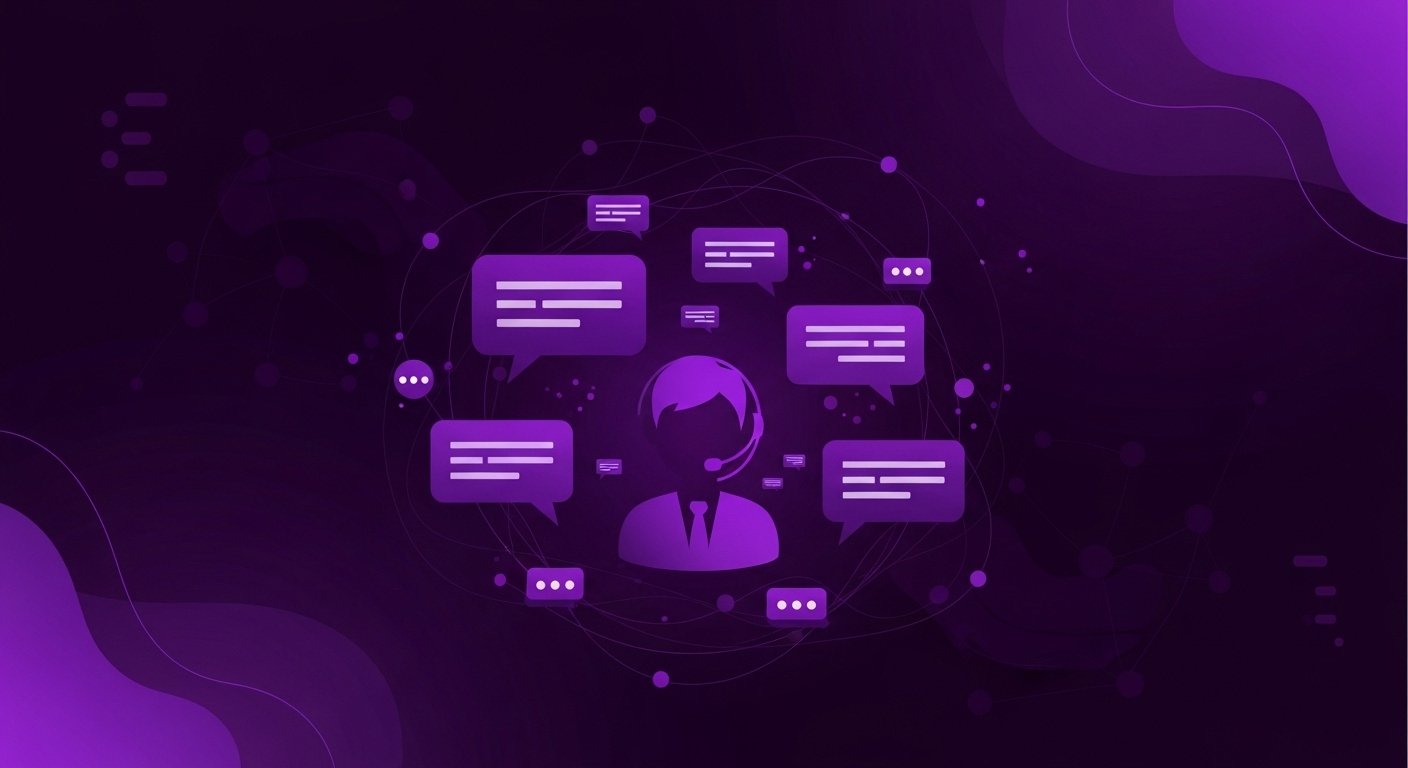 Icon of a person with a headset surrounded by multiple chat bubbles on a purple background, representing virtual communication.
