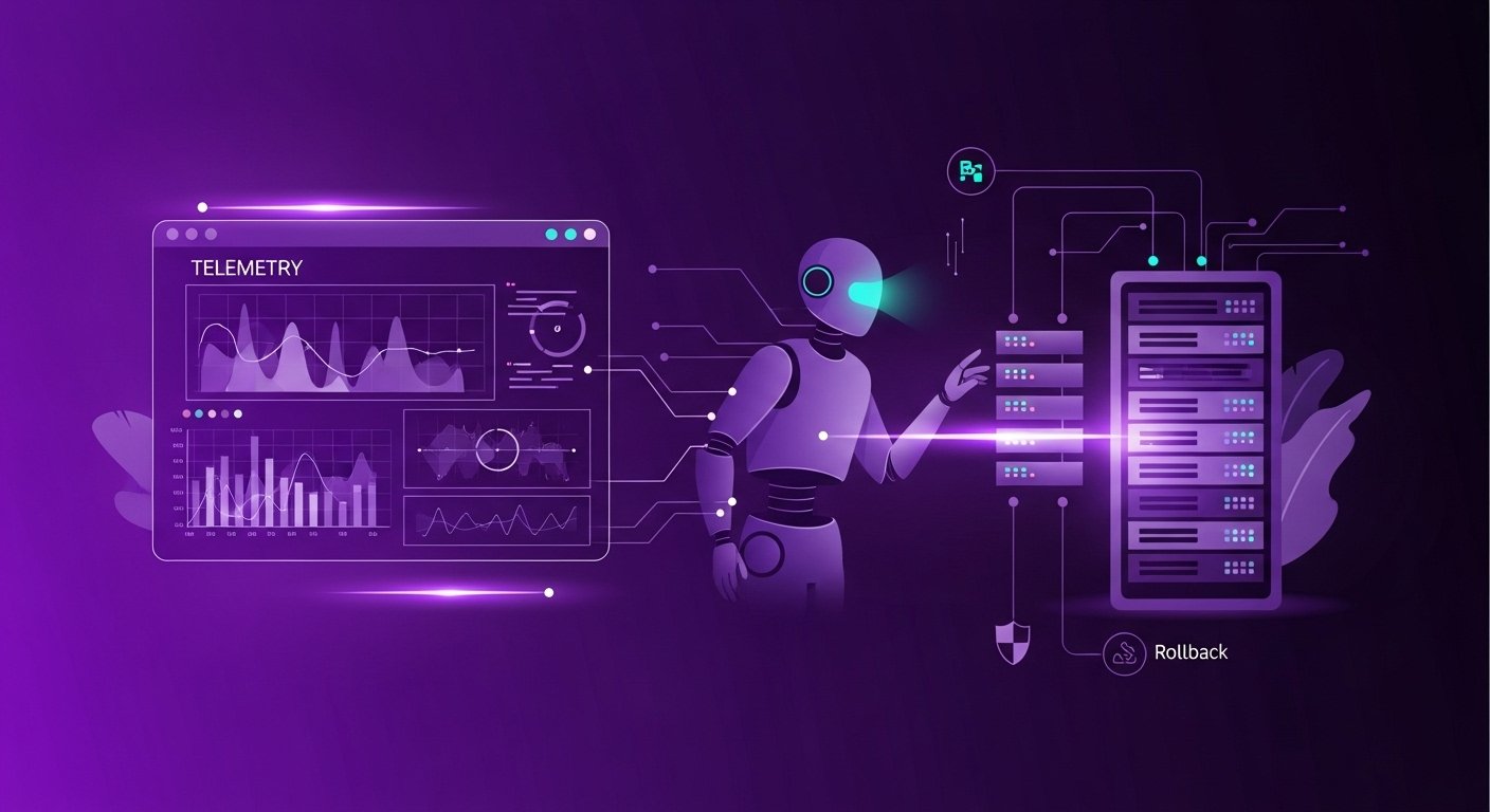 Robot managing data servers with telemetry dashboard, showcasing AI and automation in technology.