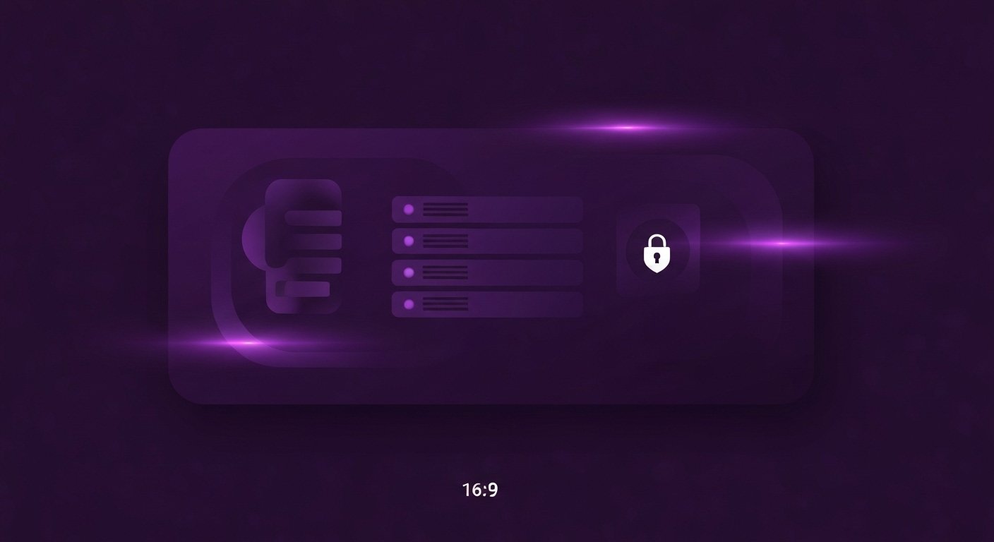 Purple abstract digital interface with list and lock icon, representing secure technology or data protection.