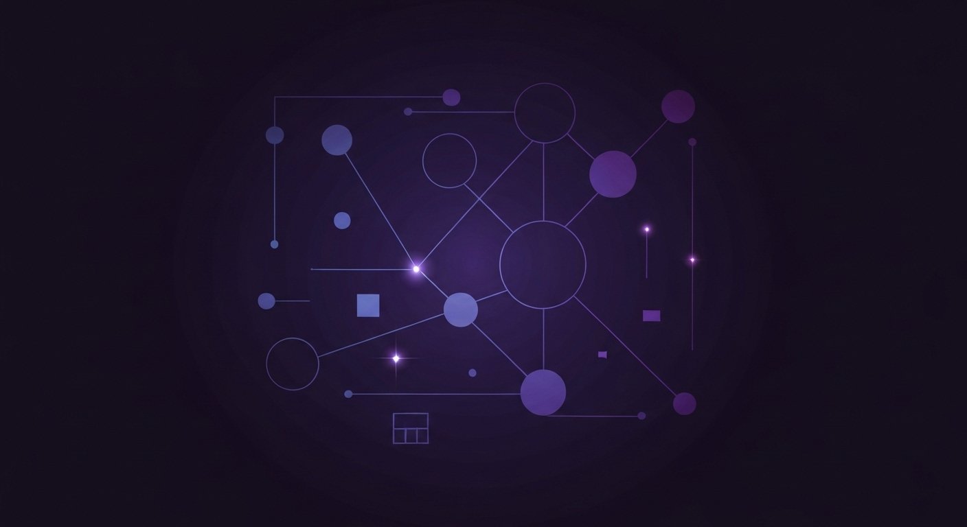 Purple network diagram with interconnected nodes on a dark background, symbolizing digital connectivity.