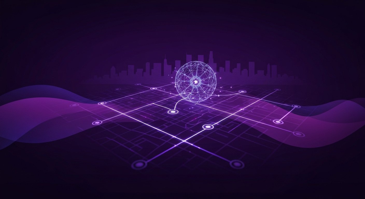 Digital network visualization with futuristic purple grid and connected nodes against a city skyline backdrop.