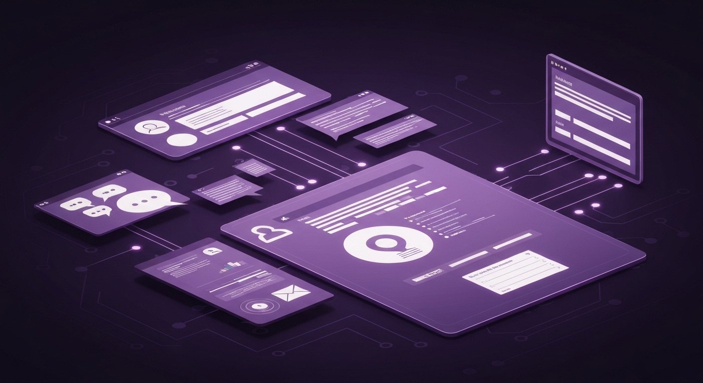 Futuristic digital interface with connected screens displaying charts and communication icons on a purple background.