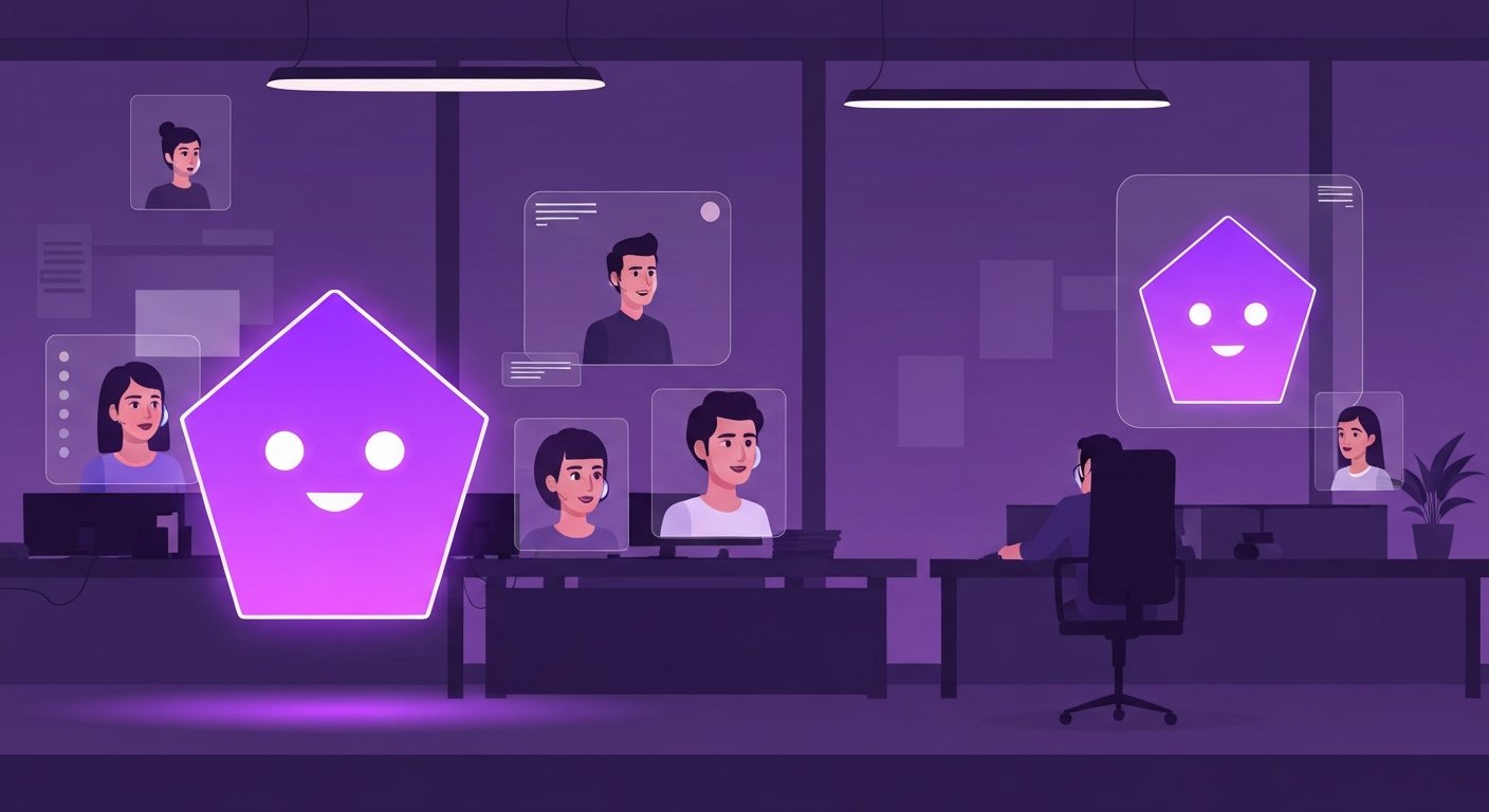 Illustration of a virtual meeting with digital avatars on screens in a modern office setting.