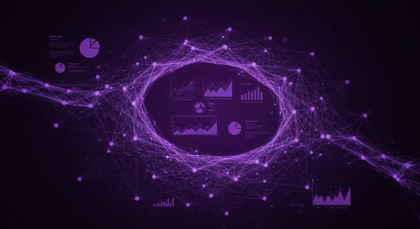 Purple network web with data charts, graphs, and nodes, signifying connectivity and analysis.