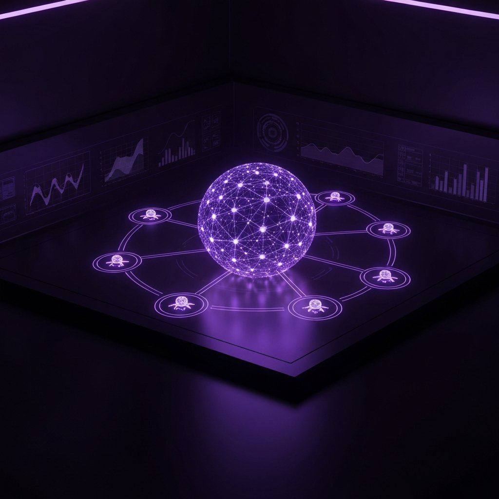 Futuristic digital sphere with glowing purple network connections and data charts in a dark room.