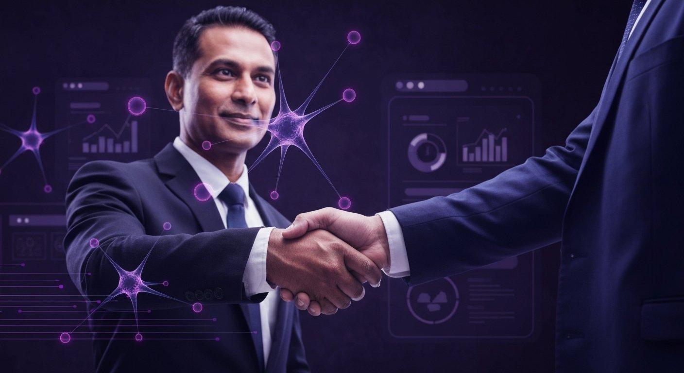 Business professionals shaking hands with digital graphs and abstract connections in the background.