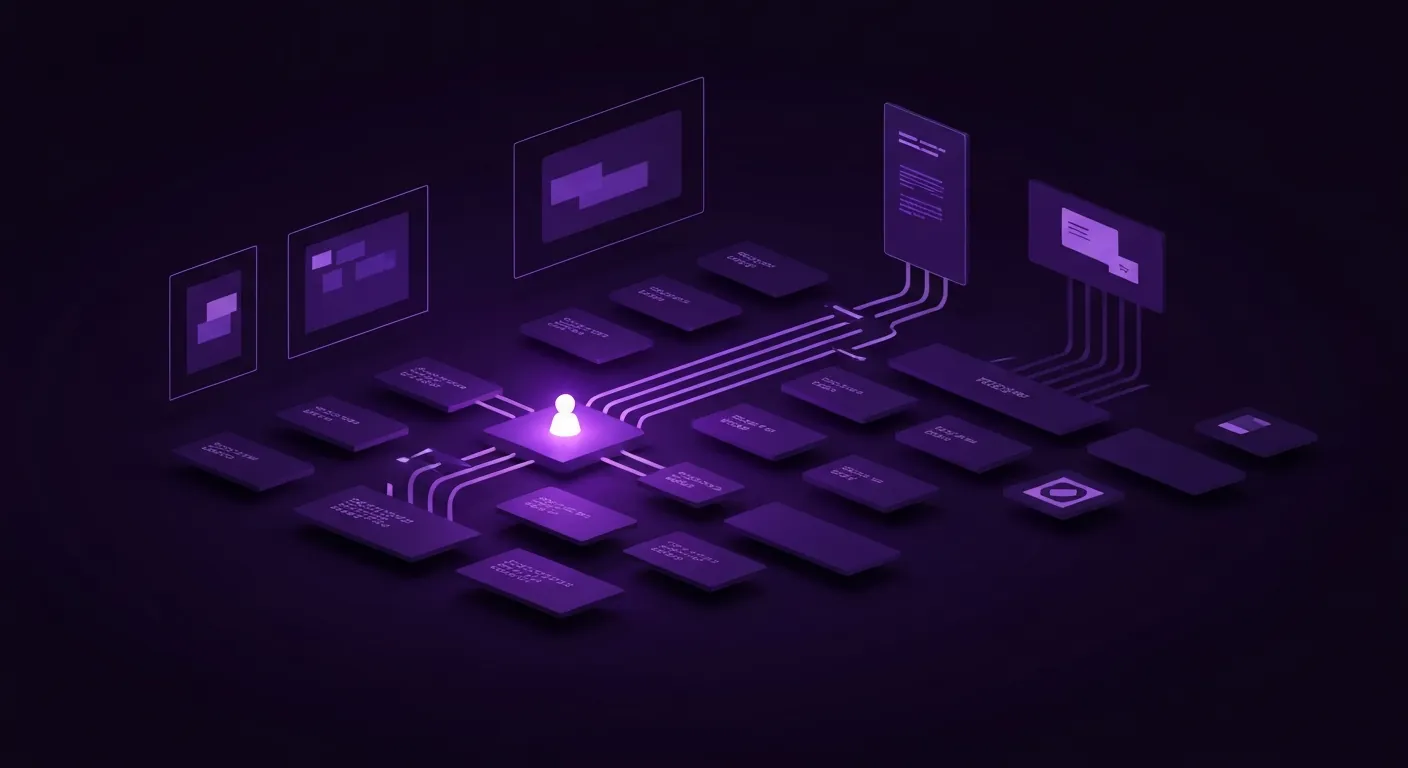 Digital network concept art with interconnected nodes and data flow on a dark purple background.