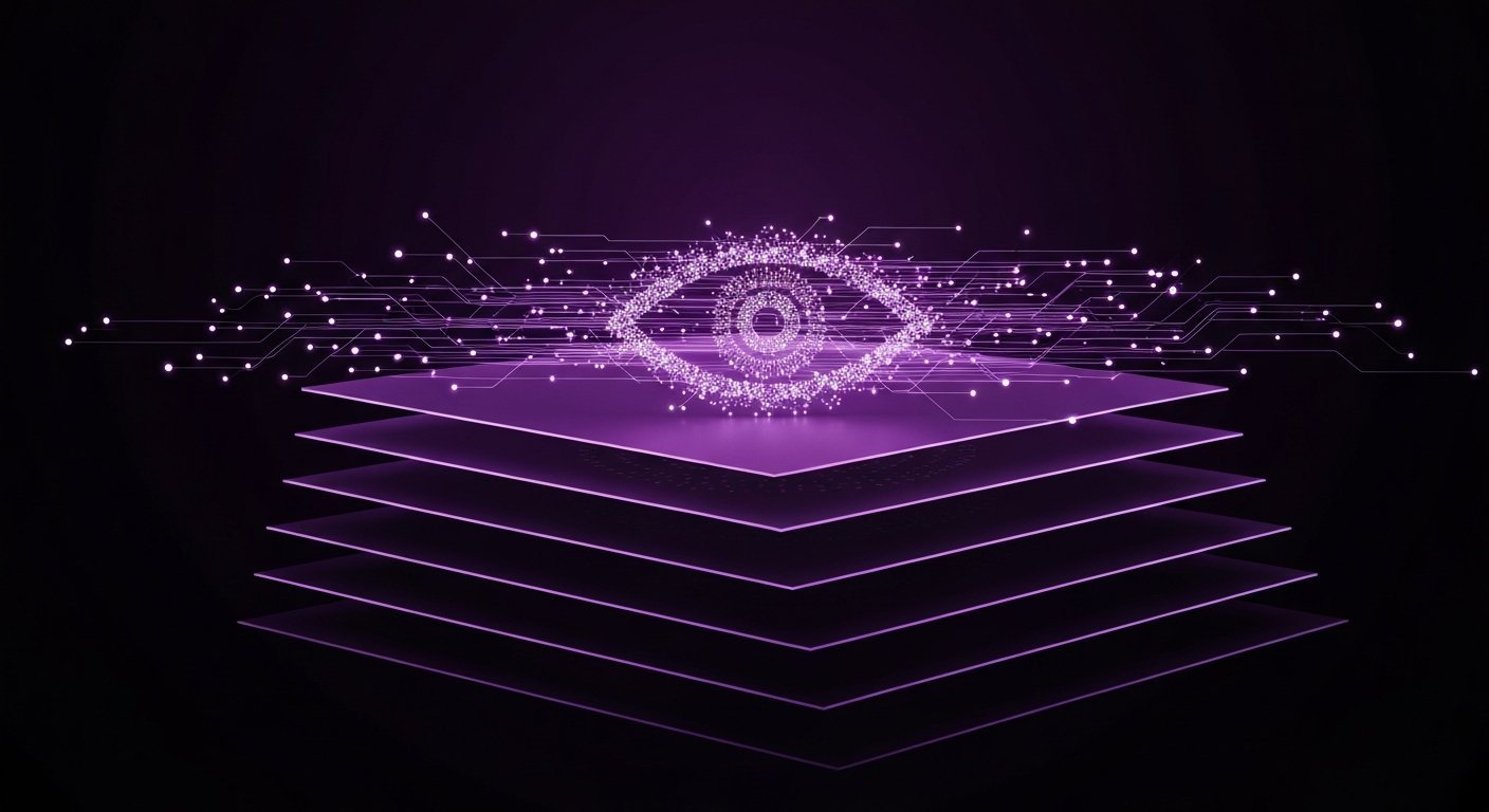 Abstract digital eye on layered purple background, representing technology and data networks.