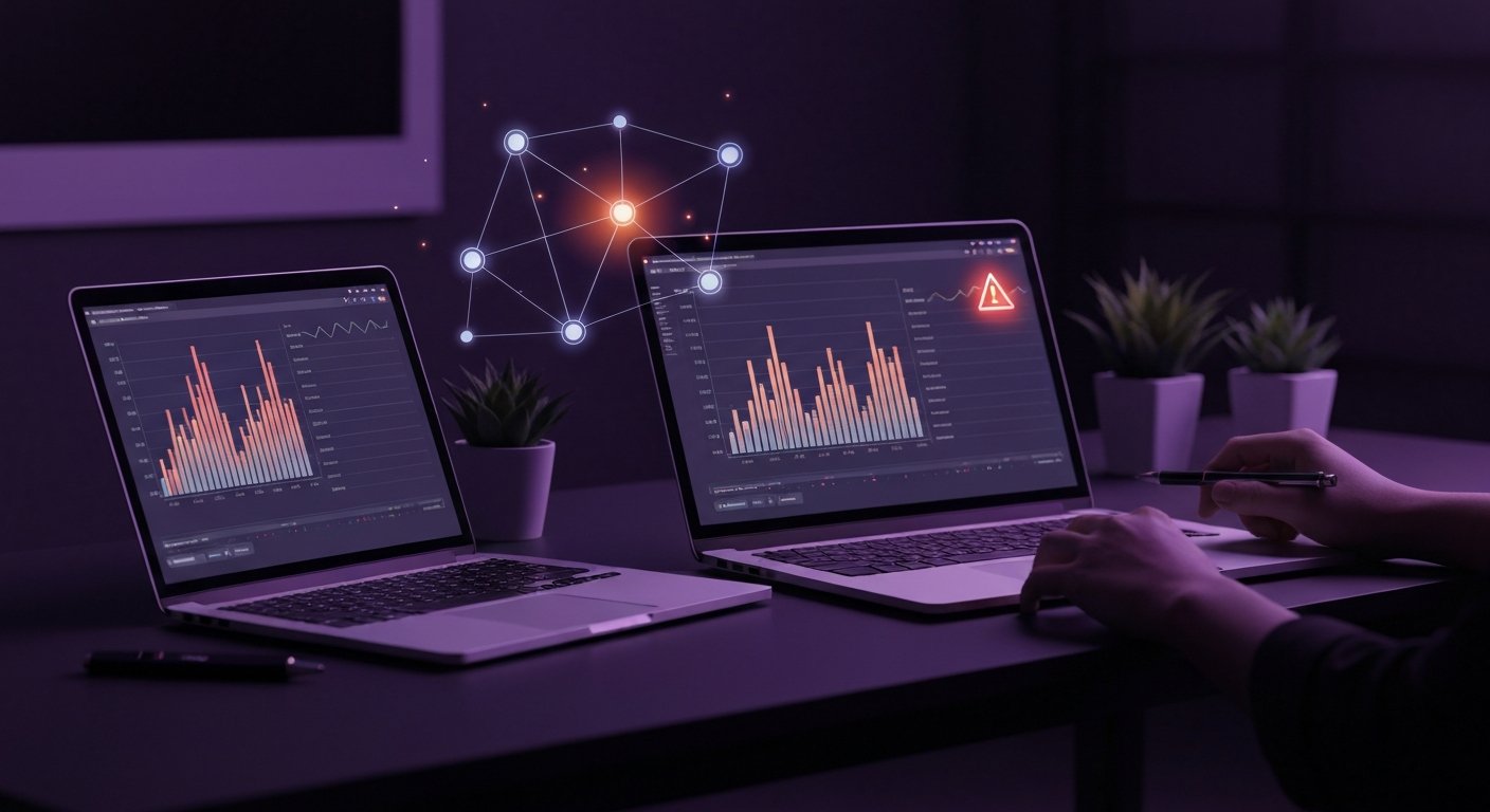 Dual laptops display data graphs and analytics in a dark office setting with futuristic network graphics.