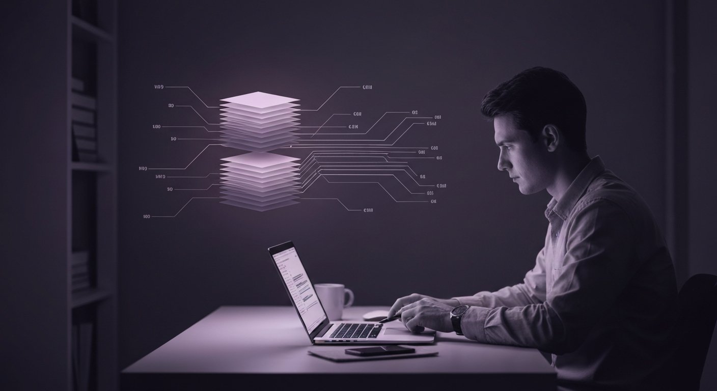 Man working on a laptop with digital data visualization, symbolizing technology and data analysis.