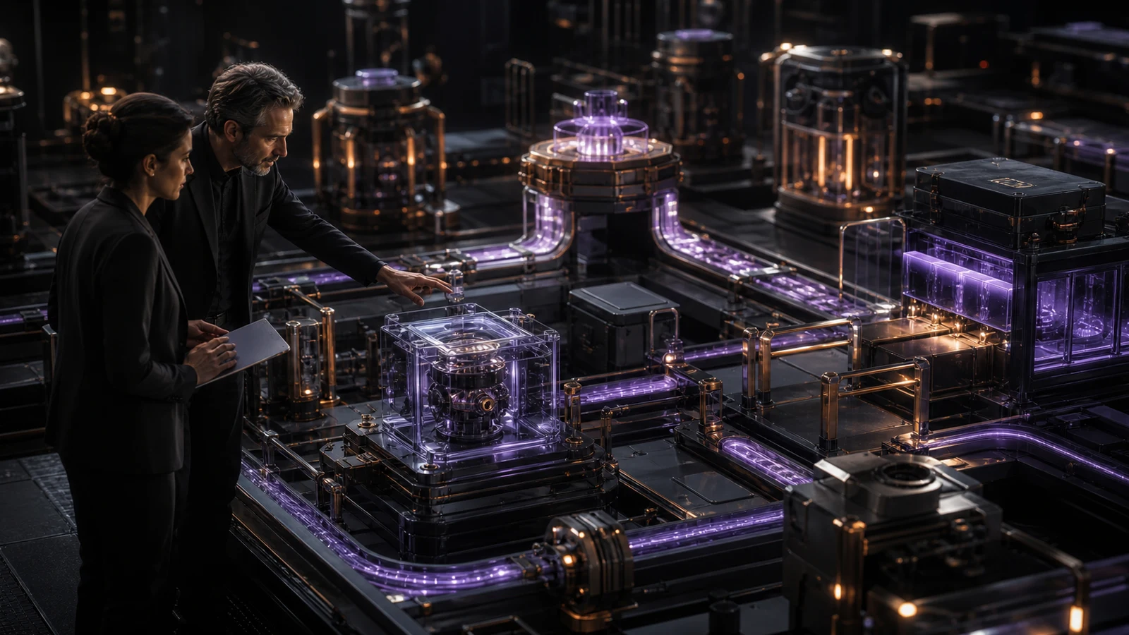 Operations and technical consultants inspecting an AI automation workflow before activation